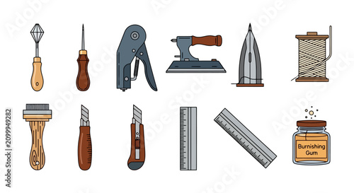 Set of leather crafting tools and equipment for artisan leatherwork