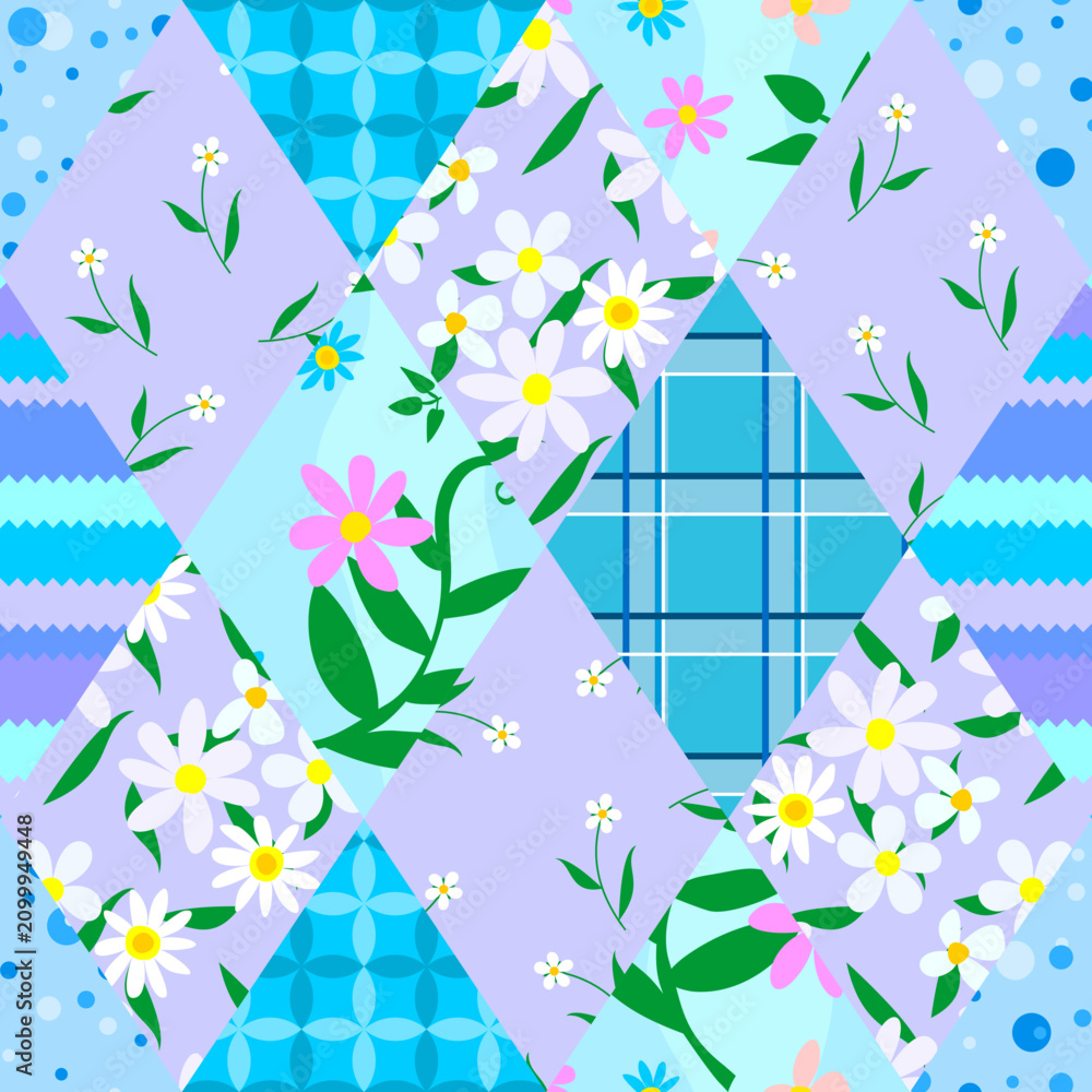 Valokuva Bright rhombic patchwork pattern with different flowers