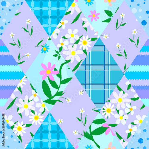 Quadro em tela Bright rhombic patchwork pattern with different flowers