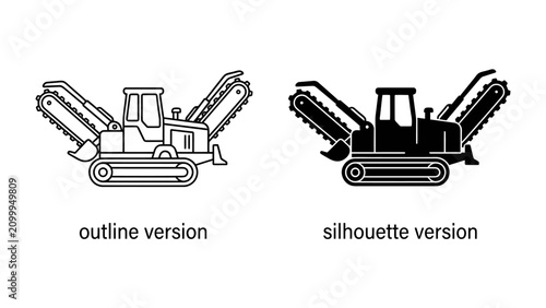 Фотография Trenching Machine Set: A versatile trenching machine is depicted in both outline and silhouette versions, showcasing its powerful digging capabilities for construction and utility work