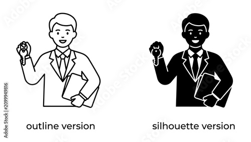 Obraz na plátne Confident Businessman: A smiling businessman, presented in both outline and silhouette versions, confidently holds a folder and clenches his fist, symbolizing determination and success