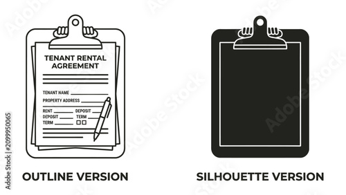 фотографія Tenant Rental Agreement Forms: Two clipboard representations of a tenant rental agreement, one in outline and one in silhouette, symbolizing legal documents and contracts
