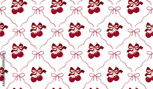 Seamless pattern with cute red cherry berries and ribbons. Trendy coquette style print, elegant lattice geometric lines and bows vector illustration isolated on white background.