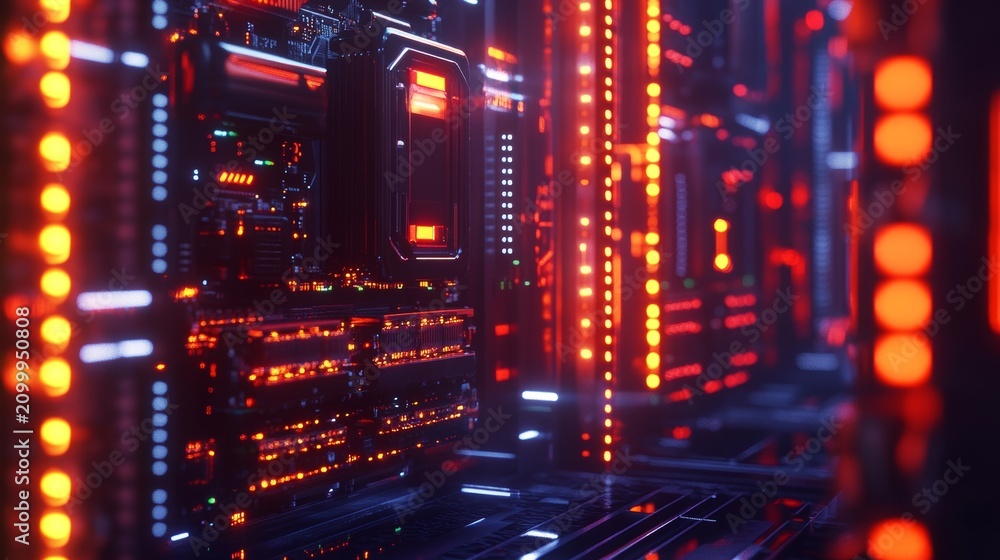 Obraz premium Closeup of glowing electronic circuit board with red and orange lights, high-tech digital system, futuristic technology concept, abstract cyber environment, data and connectivity