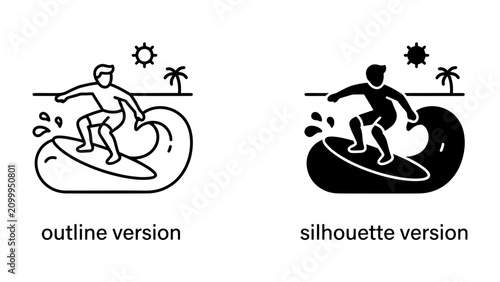 Foto Surfer Icon Set: A stylized illustration of a surfer riding a wave, presented in both outline and silhouette versions, capturing the essence of the sport and beach lifestyle