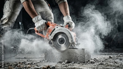 Power saw cutting through a block on a construction site with heavy dust and debris.