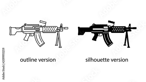 Cuadro en lienzo Machine Gun Icon: A set of machine gun icons, one in outline and one in silhouette, showcasing a detailed representation of a firearm with bipod