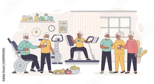 Vector illustration of diverse senior citizens exercising in a bright indoor gym facility. Elderly men and women using stationary bikes and gym equipment while socializing.