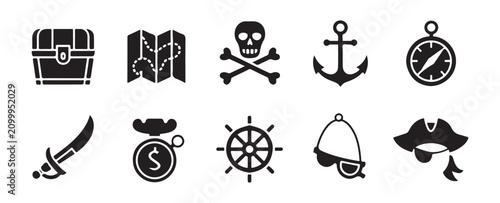Konstfotografi Pirate Adventure and Treasure Hunt Icon Set in Black Silhouette Style