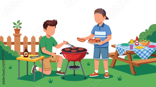 Flat style vector illustration of two male friends grilling food together during a backyard barbecue in a sunny park. Perfect for friendship celebrations, outdoor lifestyle, summer gatherings