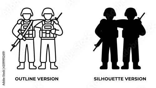 Valokuva Soldiers Standing Together: An outline and silhouette depiction of two soldiers standing side-by-side, arms around each other, holding rifles, representing camaraderie and support