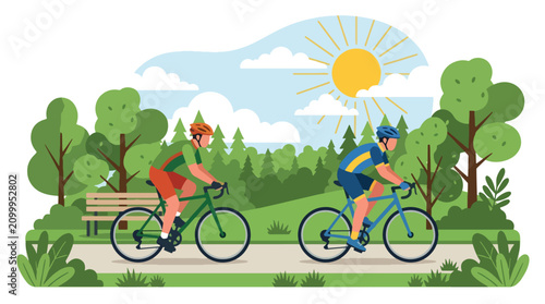 Photos Flat style vector illustration of two male friends riding bicycles together along a scenic park path surrounded by nature