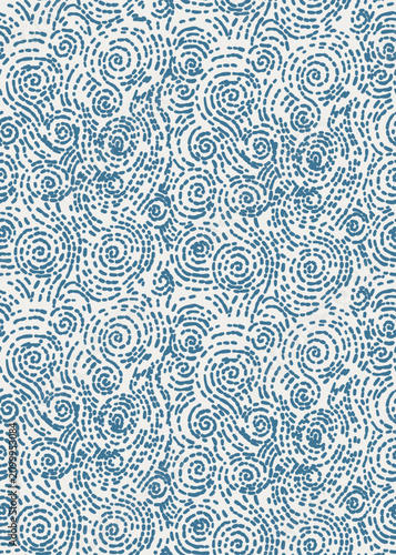 Seamless vector pattern with an abstract texture of dotted waves, spirals, and ripples. Hand drawn minimalist design in classic blue on a light blue-grey background, reminiscent of ocean waves, water 
