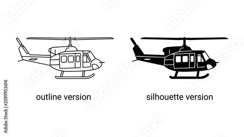 Foto Helicopter Outline and Silhouette: A clear comparison of a helicopter in an outline version and a silhouette version, perfect for graphic design and technical illustration needs