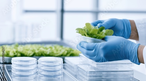 Scientist Inspecting Fresh Lettuce Samples for Food Safety and Quality Testing