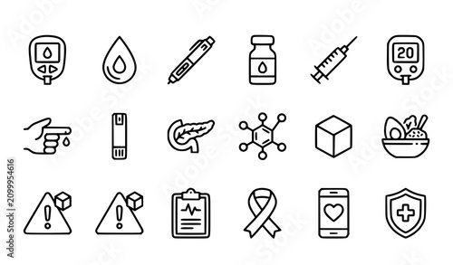Bild auf Leinwand Diabetes Outline Icons Set with Editable Stroke Blood Sugar Glucometer Hyperglyc