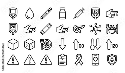 Photos Diabetes Outline Icons Set with Editable Stroke Blood Sugar Glucometer Hyperglyc