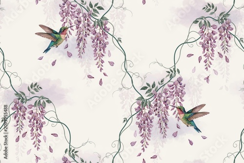 Seamless repeating pattern of delicate hummingbirds flying among hanging purple wisteria blossoms and green vines on a light cream background