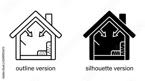 Tableau sur toile House Ventilation Icon: A graphic representation illustrating the airflow within a house, featuring an outline and silhouette version, demonstrating how air circulates for ventilation