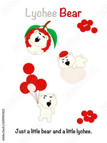 Fotografie Collection of cute white bear characters playing with fresh red lychees, including a bear inside a fruit and bears holding lychee balloons