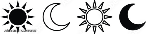 Foto Sun, moon icon set, day and night symbols, dark mode, light mode, screen brightn