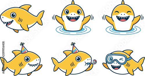 Foto Cute baby shark cartoon vector character set featuring happy yellow sharks swimm