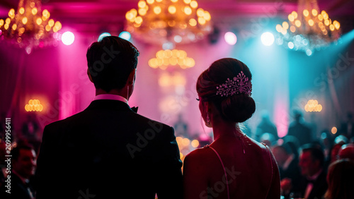 Elegant couple in formal attire at a glamorous gala, illuminated by vibrant chandeliers, suitable for luxury events, wedding celebrations and fashion promotions