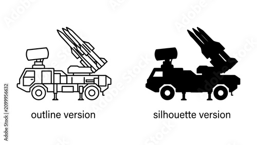 Bild auf Leinwand Missile Launcher Vehicle Outline and Silhouette: Two stylized depictions of a mobile missile launcher system, one in outline form and the other as a solid silhouette