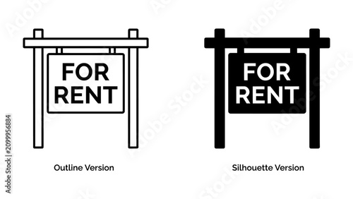 Fotografía For Rent Sign Icon: A clear and concise icon representing a For Rent sign, available in both outline and silhouette versions, perfect for real estate or property listings