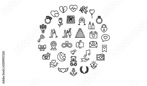 Modern Love Heart Valentines Day and Relationship Line Icons Premium Editable Vector Set