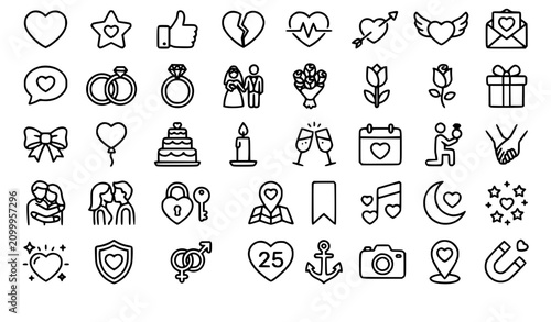 Romantic Love Line Icons Collection with Valentines Hearts Wedding and Relationship Symbols Vector