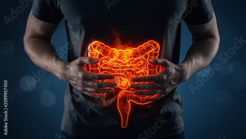 Glowing digestive system illustration held by hands, symbolizing internal distress and medical issues, ideal for health campaigns, pharmaceutical advertising and science education