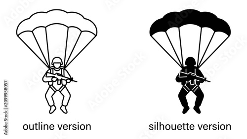 Obraz na plátne Parachuting Soldier Icons: Two distinct graphic representations of a soldier descending with a parachute, one as a clean outline and the other as a solid silhouette