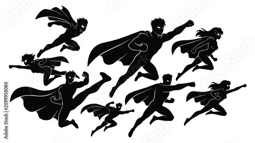 Konstfotografi Superhero silhouette collection, flying comic book hero characters in action pos