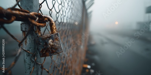 Rusty padlock securing a chain-link fence on a foggy day.