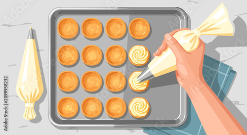 Top view illustration of a hand piping cream onto small pastries on a baking sheet.