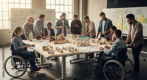 A diverse group of professionals, including individuals in wheelchairs, brainstorm around a table with architectural models and blueprints.