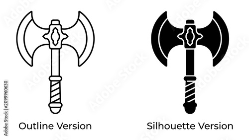 Tableau sur toile Double Axe Icon Set: A pair of ancient double-headed axes, presented in both outline and silhouette versions, symbolize strength and power