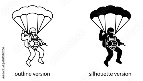 Konstfotografi Paratrooper Jumps: A military paratrooper in action, descending with a deployed parachute