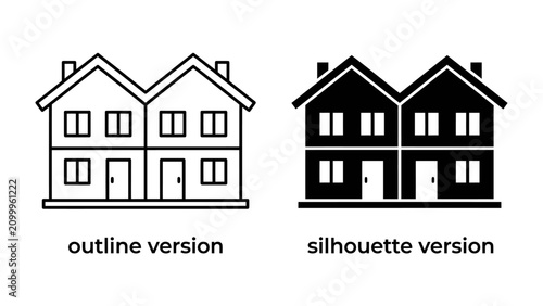 Bild auf Leinwand Twin Houses Icon: A clear and concise icon set representing twin houses, featuring both an outline and a silhouette version, ideal for real estate or property listings