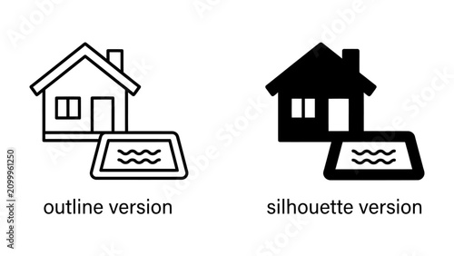 Photos House with Swimming Pool Icon: Two styles, an outline and a silhouette, depict a simple house adjacent to a swimming pool, representing a common home amenity and leisure