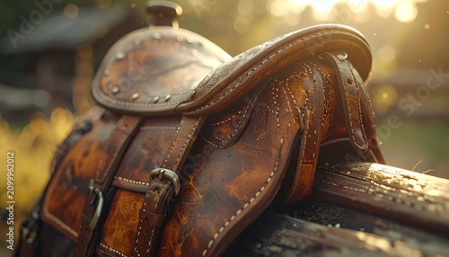 Vintage Western Saddle Close-Up with Golden Hour Light.