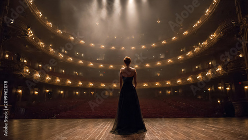 Woman in black gown on a stage facing an empty opulent theater, dramatic lighting, ideal for performance, event promotion and luxury lifestyle content