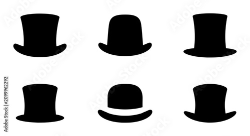 Tableau sur toile Vintage top hat silhouettes set, 6 classic gentleman headwear icons, black bowle
