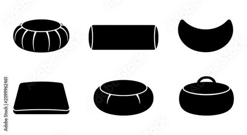 Foto Meditation cushion icons set, black zafu and zabuton silhouettes, yoga bolster v