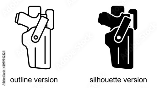 Fotografie Pistol Holster Icon: A graphic representation of a pistol holster, shown in both outline and silhouette versions, illustrating functionality and security