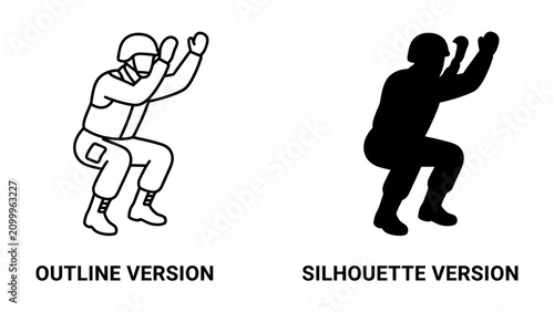 Принти на полотні Soldier Silhouette and Outline: A graphic representation featuring both a line-art outline and a solid silhouette of a soldier in a crouched, ready stance, conveying action and readiness