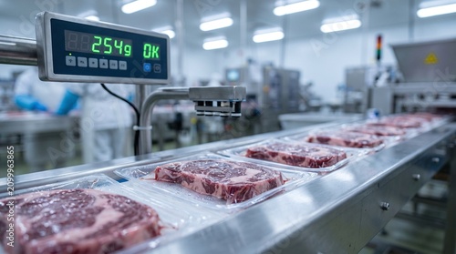 Vacuum sealed raw beef steaks on an automated conveyor belt in a food processing plant