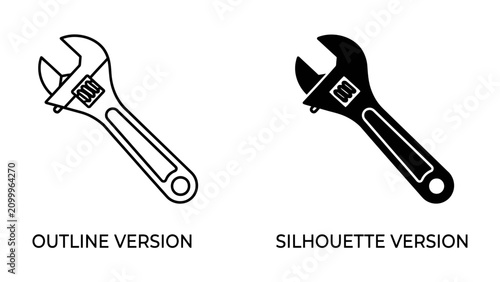 фотографія Adjustable Wrench Duo: A graphic representation showcasing an adjustable wrench in both outline and silhouette forms, illustrating versatility and tool design