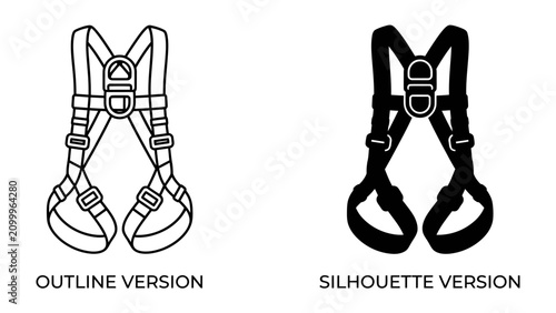 Konstfotografi Safety Harness Icon: A clear comparison showcasing an outline version and a silhouette version of a safety harness, illustrating its design and function